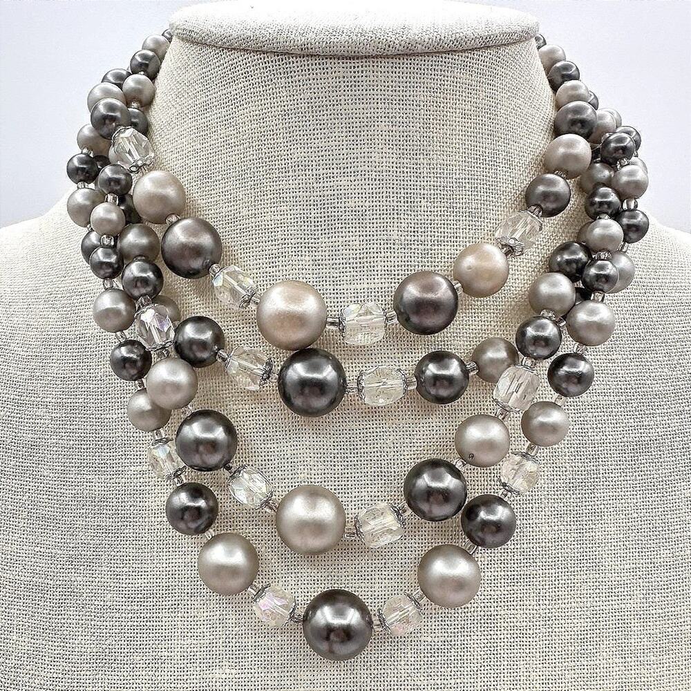 Vintage 80s Multi-Strand Faux Pearl Clear Beaded Necklace Silver Tone Jewelry